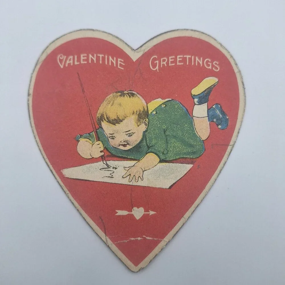 Vintage Valentine Heart Shaped Greeting Card Child Writing Art Deco Era